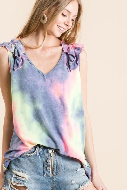 BiBi Tie Dye French Terry V Neck Top with Ruffle - Bitsy Gypsy Boutique