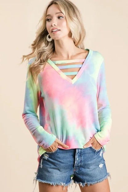 BiBi Tie Dye French Terry V - Neck Top with Strapped - Bitsy Gypsy Boutique
