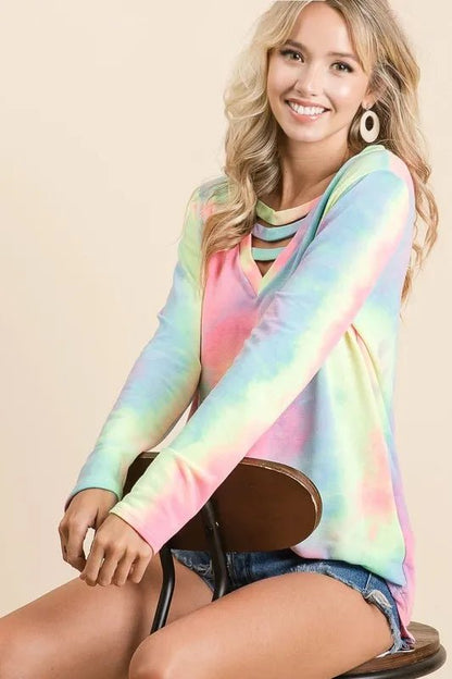BiBi Tie Dye French Terry V - Neck Top with Strapped - Bitsy Gypsy Boutique
