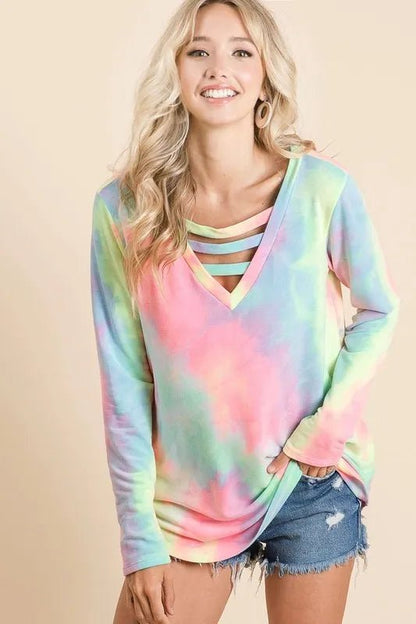 BiBi Tie Dye French Terry V - Neck Top with Strapped - Bitsy Gypsy Boutique