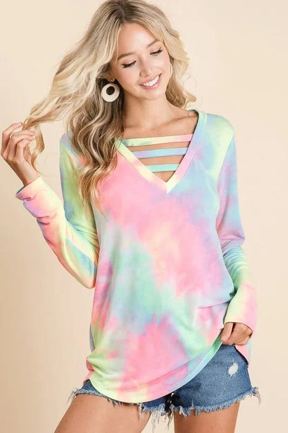 BiBi Tie Dye French Terry V - Neck Top with Strapped - Bitsy Gypsy Boutique
