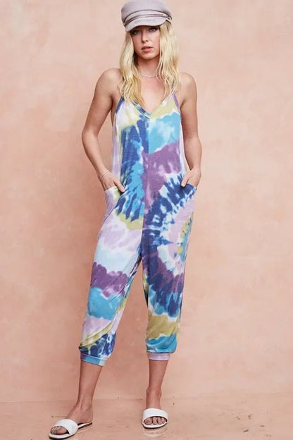 BiBi Tie Dye Knit Mid - length Casual Jumpsuit - Bitsy Gypsy Boutique