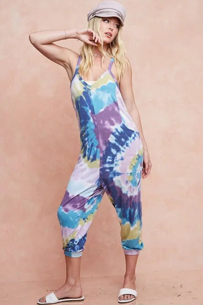 BiBi Tie Dye Knit Mid - length Casual Jumpsuit - Bitsy Gypsy Boutique