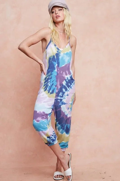 BiBi Tie Dye Knit Mid - length Casual Jumpsuit - Bitsy Gypsy Boutique