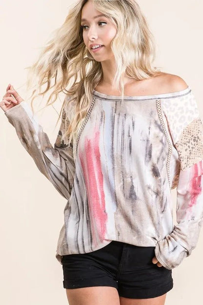 BiBi Tie Dye Knit Top with Print Block Shoulder - Bitsy Gypsy Boutique