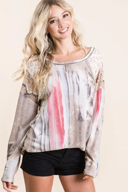 BiBi Tie Dye Knit Top with Print Block Shoulder - Bitsy Gypsy Boutique