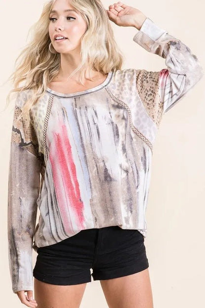 BiBi Tie Dye Knit Top with Print Block Shoulder - Bitsy Gypsy Boutique