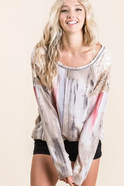 BiBi Tie Dye Knit Top with Print Block Shoulder - Bitsy Gypsy Boutique