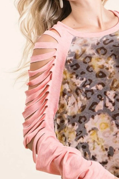 BiBi Tie Dye Leopard Burn Out Top with Contrast - Bitsy Gypsy Boutique