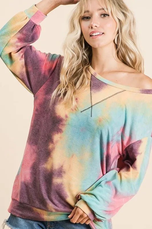 BiBi Tie Dye Print French Terry Sweatshirt - Bitsy Gypsy Boutique