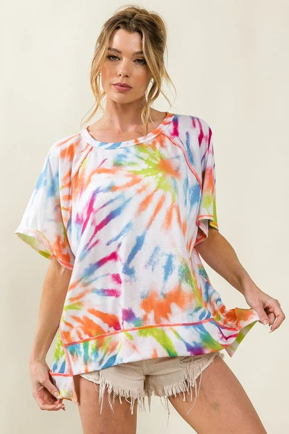 BiBi Tie Dye Print Jersey Stitched Uneven Hem Top - Bitsy Gypsy Boutique