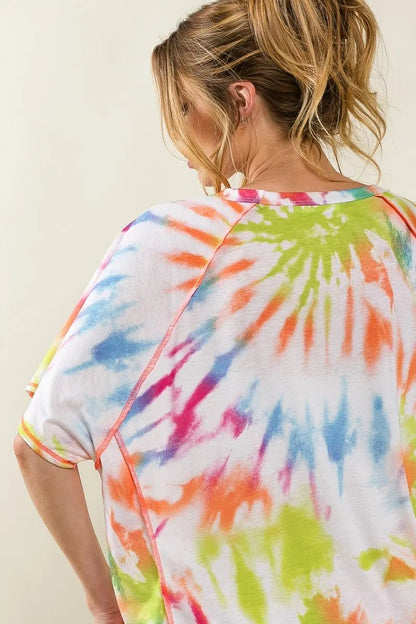 BiBi Tie Dye Print Jersey Stitched Uneven Hem Top - Bitsy Gypsy Boutique