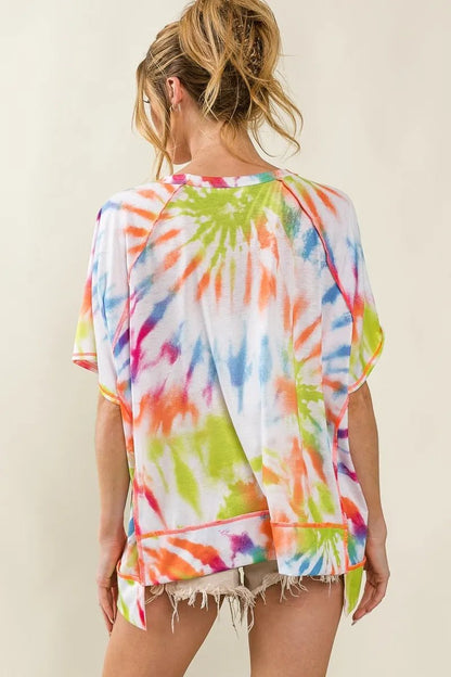 BiBi Tie Dye Print Jersey Stitched Uneven Hem Top - Bitsy Gypsy Boutique