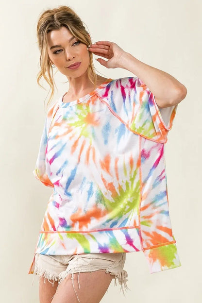 BiBi Tie Dye Print Jersey Stitched Uneven Hem Top - Bitsy Gypsy Boutique