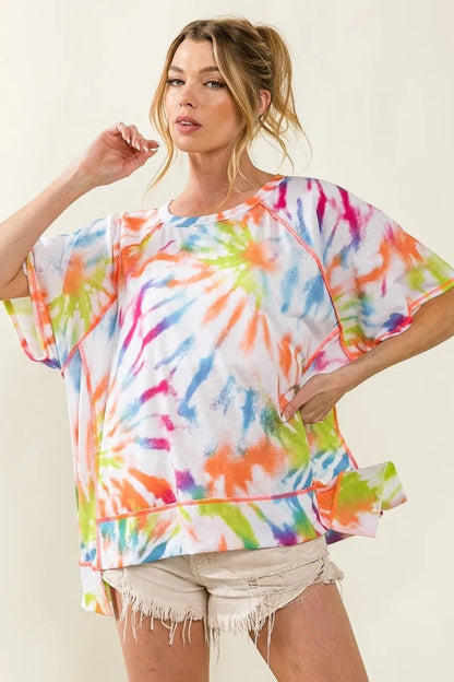 BiBi Tie Dye Print Jersey Stitched Uneven Hem Top - Bitsy Gypsy Boutique