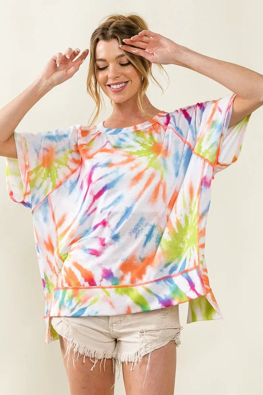 BiBi Tie Dye Print Jersey Stitched Uneven Hem Top - Bitsy Gypsy Boutique