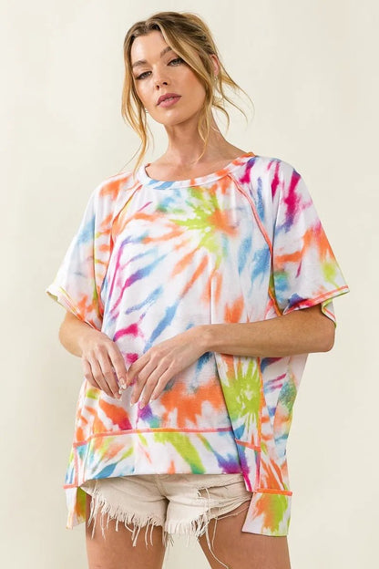 BiBi Tie Dye Print Jersey Stitched Uneven Hem Top - Bitsy Gypsy Boutique