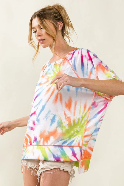 BiBi Tie Dye Print Jersey Stitched Uneven Hem Top - Bitsy Gypsy Boutique