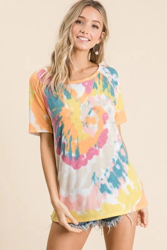 BiBi Tie Dye Print Short Sleeve T-Shirt with Raglan Sleeves - Bitsy Gypsy Boutique
