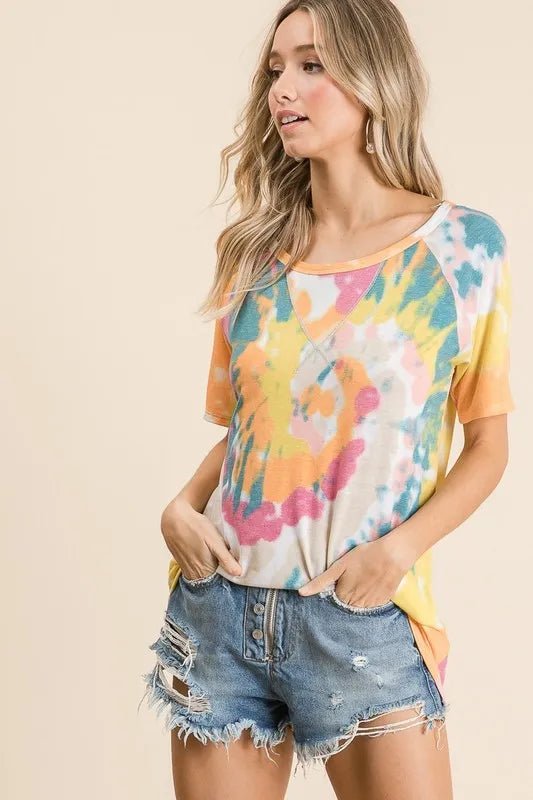 BiBi Tie Dye Print Short Sleeve T-Shirt with Raglan Sleeves - Bitsy Gypsy Boutique