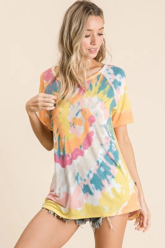 BiBi Tie Dye Print Short Sleeve T-Shirt with Raglan Sleeves - Bitsy Gypsy Boutique