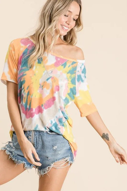 BiBi Tie Dye Print Short Sleeve T-Shirt with Raglan Sleeves - Bitsy Gypsy Boutique