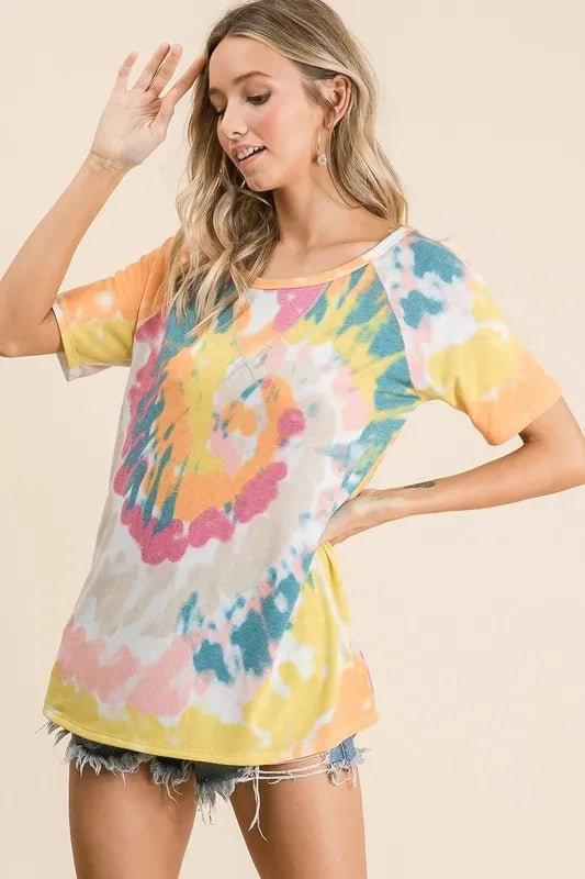 BiBi Tie Dye Print Short Sleeve T-Shirt with Raglan Sleeves - Bitsy Gypsy Boutique