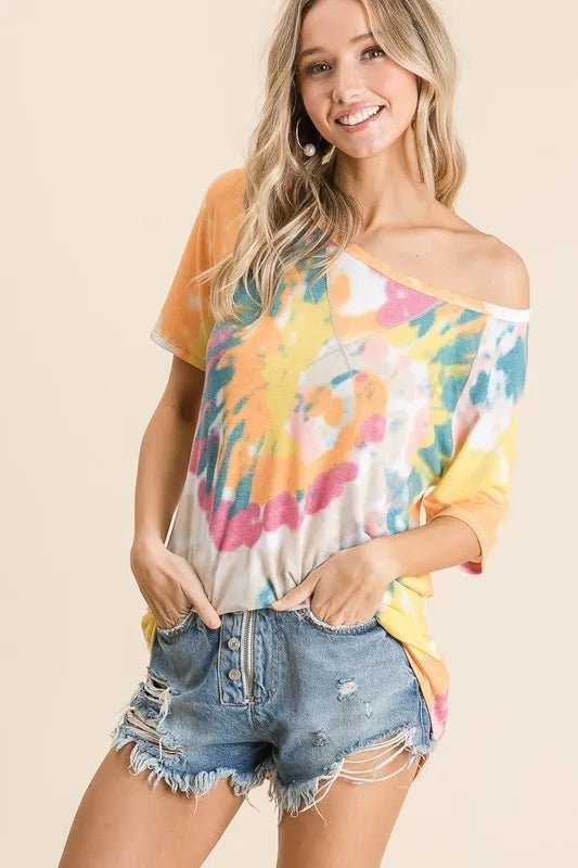 BiBi Tie Dye Print Short Sleeve T-Shirt with Raglan Sleeves - Bitsy Gypsy Boutique