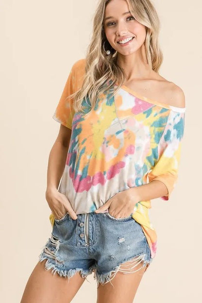 BiBi Tie Dye Print Short Sleeve T-Shirt with Raglan Sleeves - Bitsy Gypsy Boutique