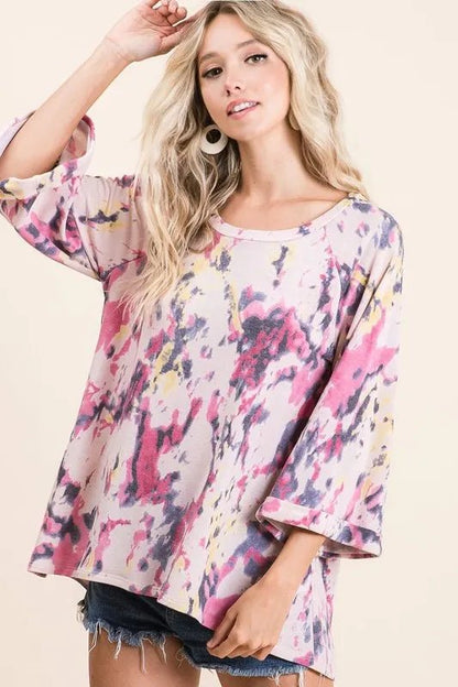 BiBi Tie Dye Print Terry A Line Top with Bell Sleeves - Bitsy Gypsy Boutique
