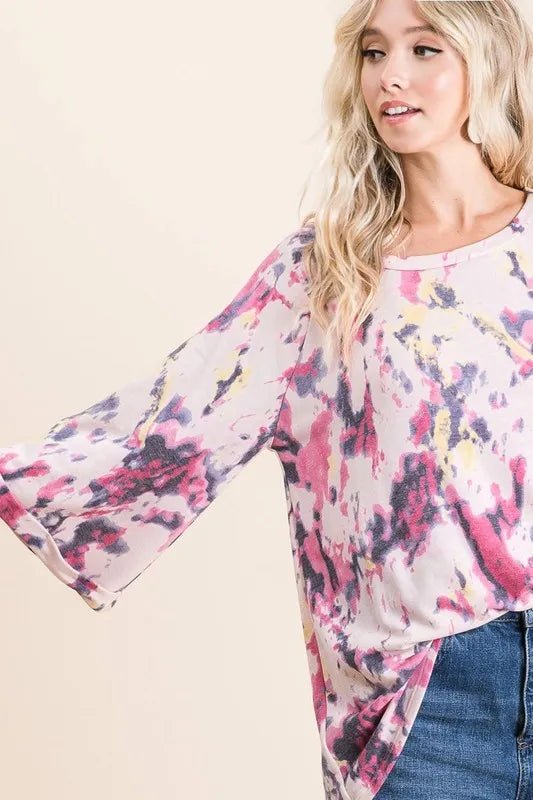 BiBi Tie Dye Print Terry A Line Top with Bell Sleeves - Bitsy Gypsy Boutique
