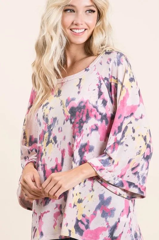 BiBi Tie Dye Print Terry A Line Top with Bell Sleeves - Bitsy Gypsy Boutique