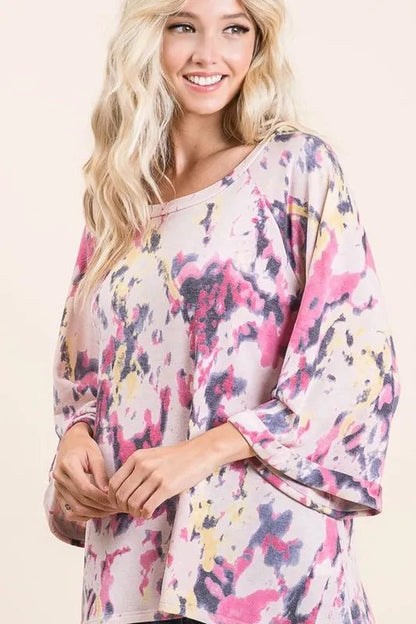 BiBi Tie Dye Print Terry A Line Top with Bell Sleeves - Bitsy Gypsy Boutique