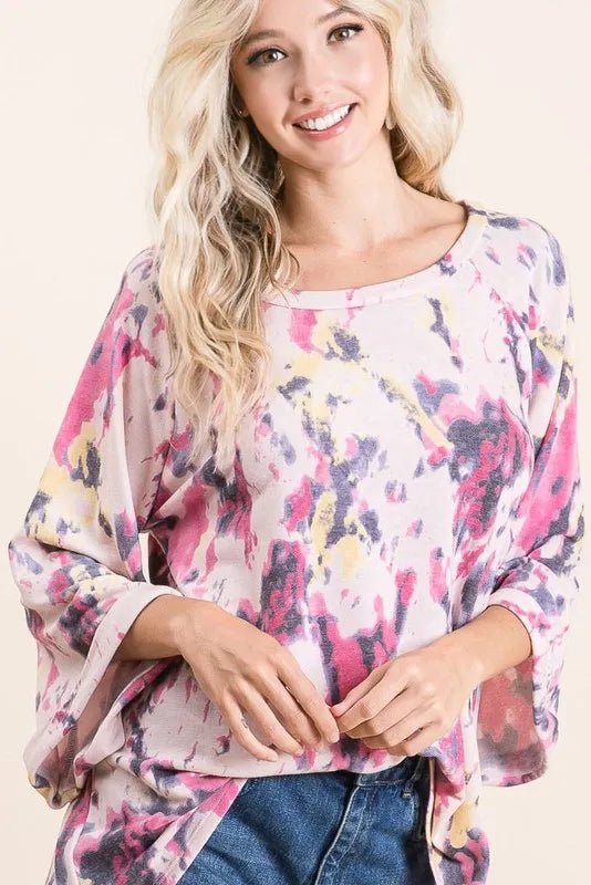 BiBi Tie Dye Print Terry A Line Top with Bell Sleeves - Bitsy Gypsy Boutique