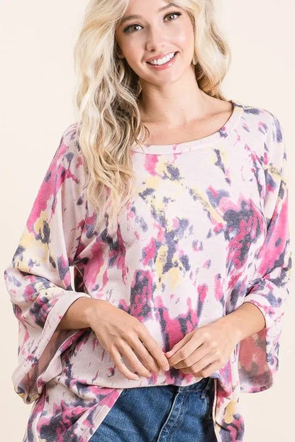 BiBi Tie Dye Print Terry A Line Top with Bell Sleeves - Bitsy Gypsy Boutique