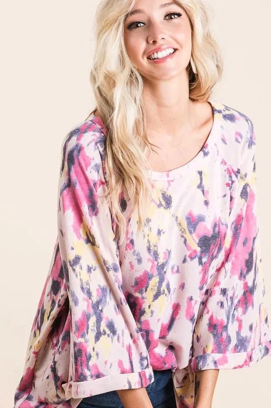 BiBi Tie Dye Print Terry A Line Top with Bell Sleeves - Bitsy Gypsy Boutique