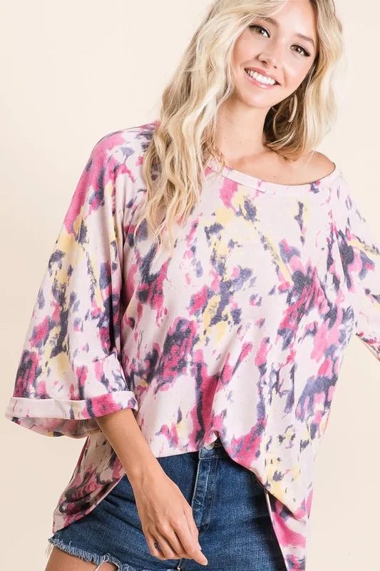 BiBi Tie Dye Print Terry A Line Top with Bell Sleeves - Bitsy Gypsy Boutique