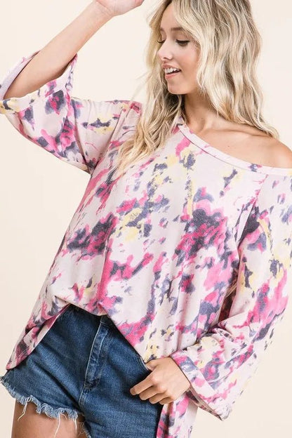 BiBi Tie Dye Print Terry A Line Top with Bell Sleeves - Bitsy Gypsy Boutique