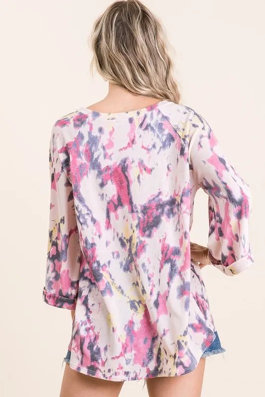 BiBi Tie Dye Print Terry A Line Top with Bell Sleeves - Bitsy Gypsy Boutique
