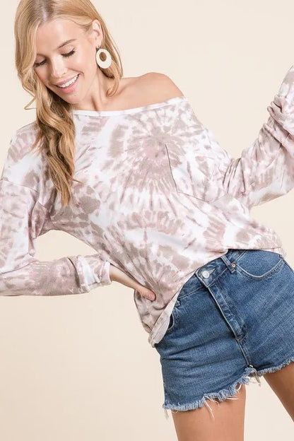 BiBi Tie Dye Print Terry Top with Front Patch Pocket - Bitsy Gypsy Boutique