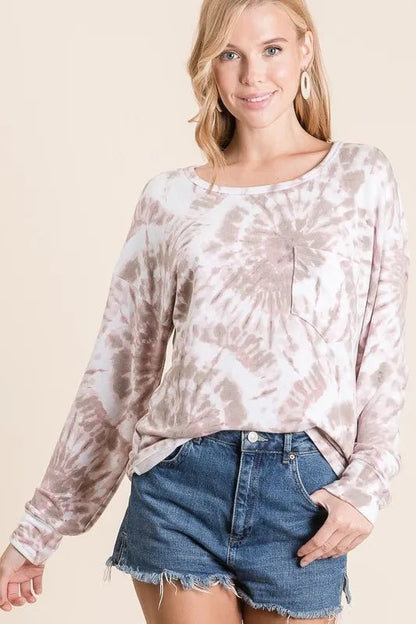 BiBi Tie Dye Print Terry Top with Front Patch Pocket - Bitsy Gypsy Boutique