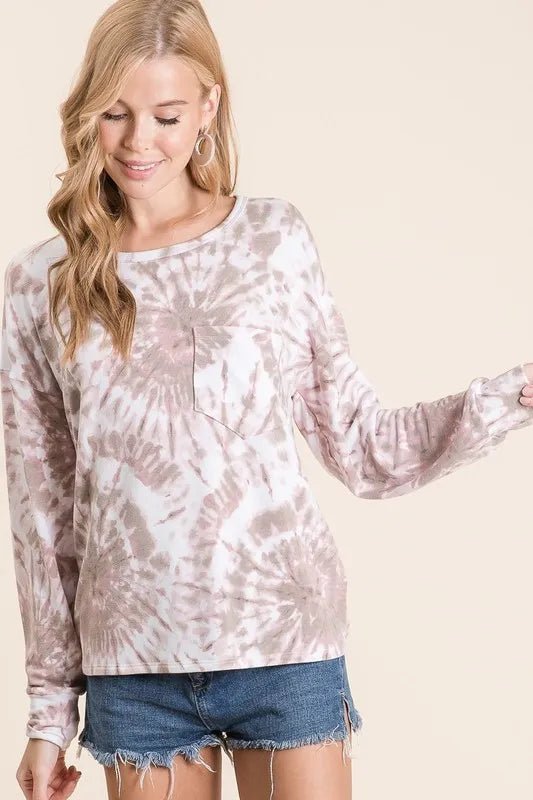 BiBi Tie Dye Print Terry Top with Front Patch Pocket - Bitsy Gypsy Boutique