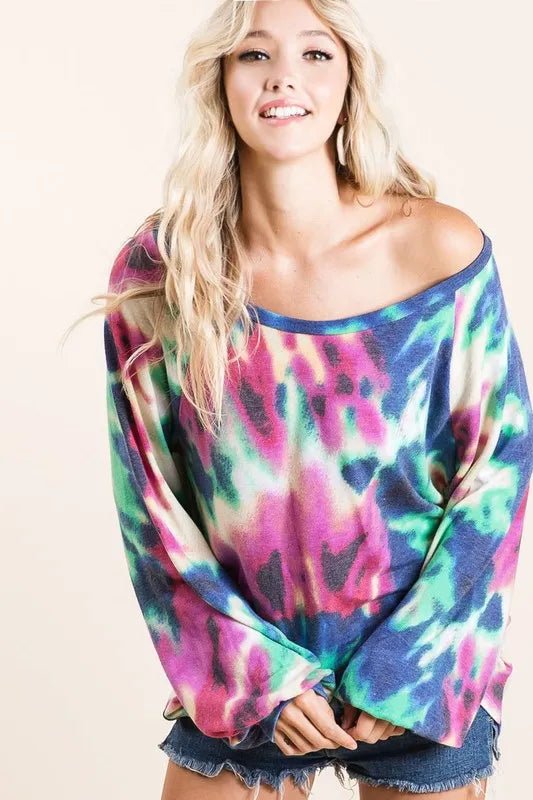 BiBi Tie Dye Print Terry Top with Puff Sleeves - Bitsy Gypsy Boutique