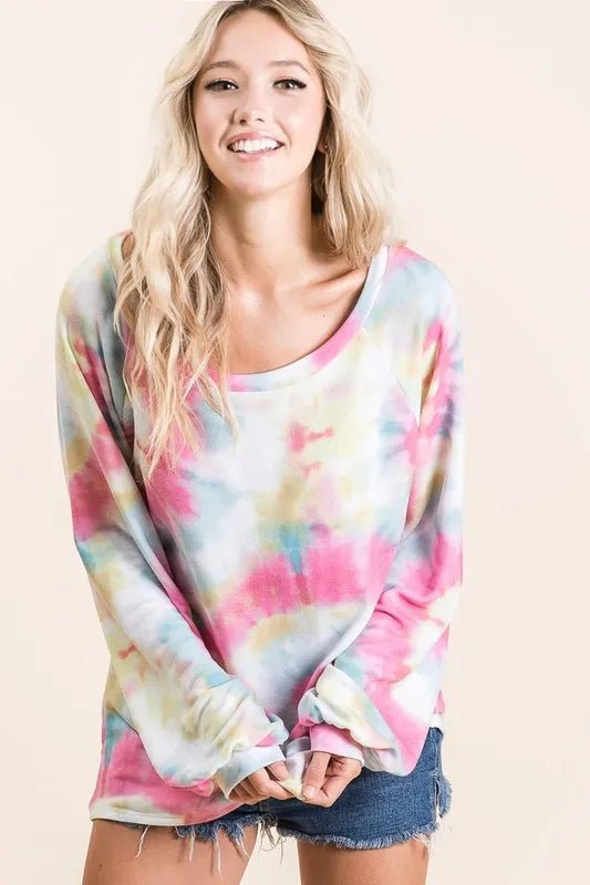 BiBi Tie Dye Print Terry Top With Puff Sleeves - Bitsy Gypsy Boutique