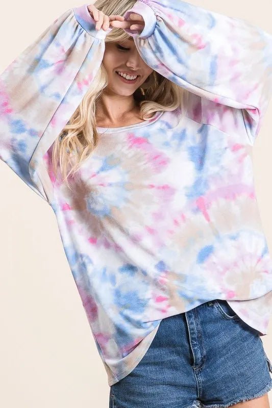 BiBi Tie Dye Print Terry Top With Puff Sleeves - Bitsy Gypsy Boutique