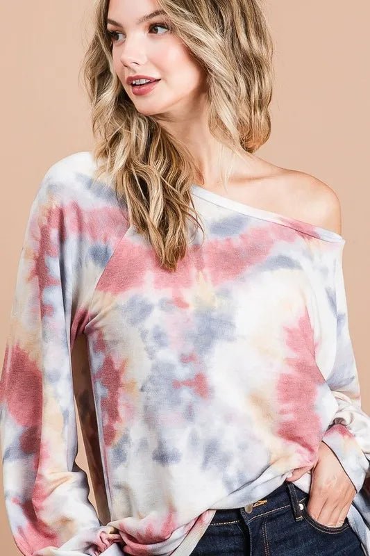 BiBi Tie Dye Print Terry Top With Puff Sleeves - Bitsy Gypsy Boutique