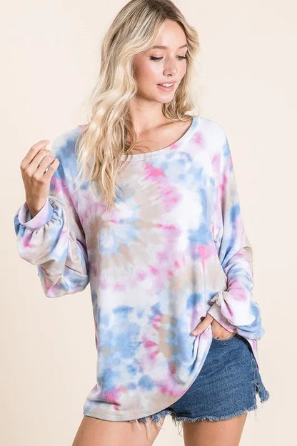 BiBi Tie Dye Print Terry Top With Puff Sleeves - Bitsy Gypsy Boutique