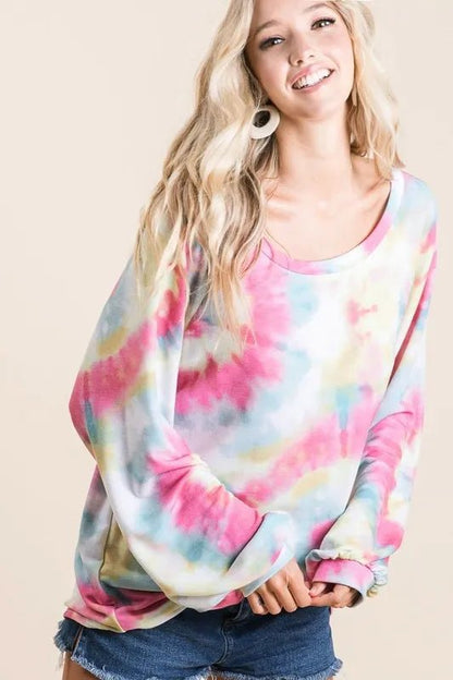 BiBi Tie Dye Print Terry Top With Puff Sleeves - Bitsy Gypsy Boutique