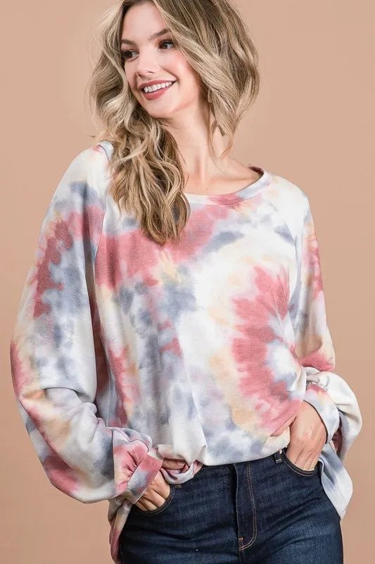 BiBi Tie Dye Print Terry Top With Puff Sleeves - Bitsy Gypsy Boutique