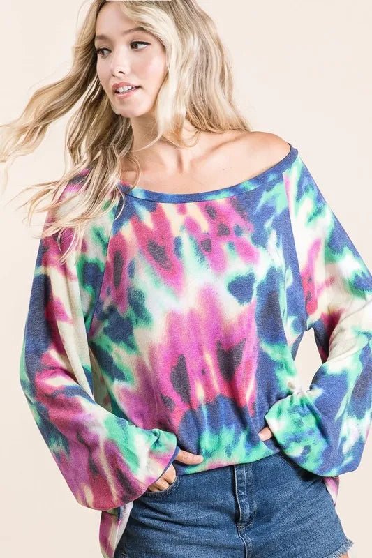 BiBi Tie Dye Print Terry Top with Puff Sleeves - Bitsy Gypsy Boutique